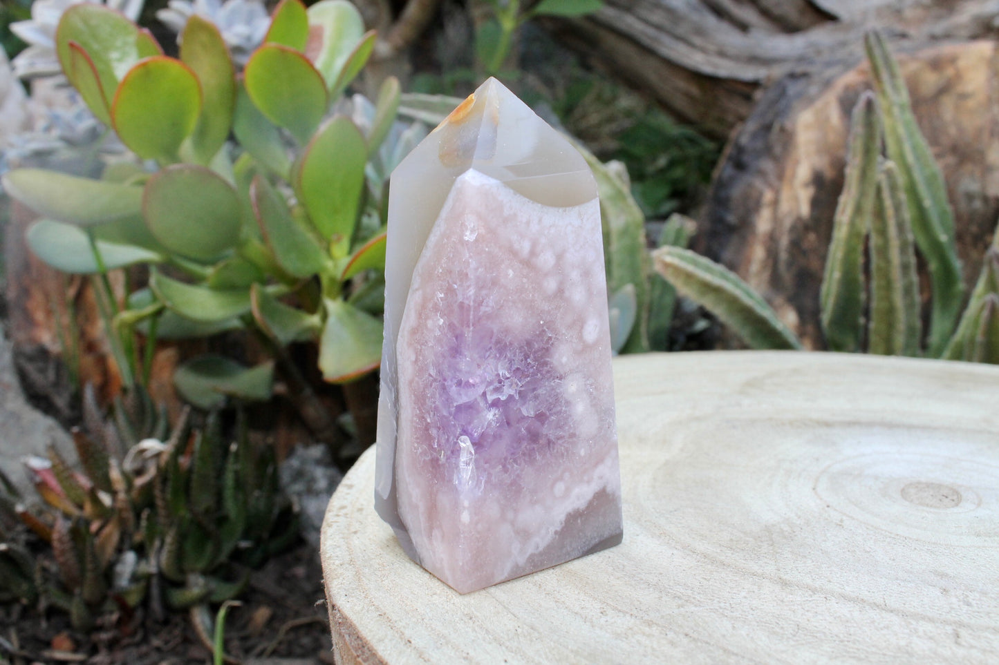 Purple flower agate crystal point