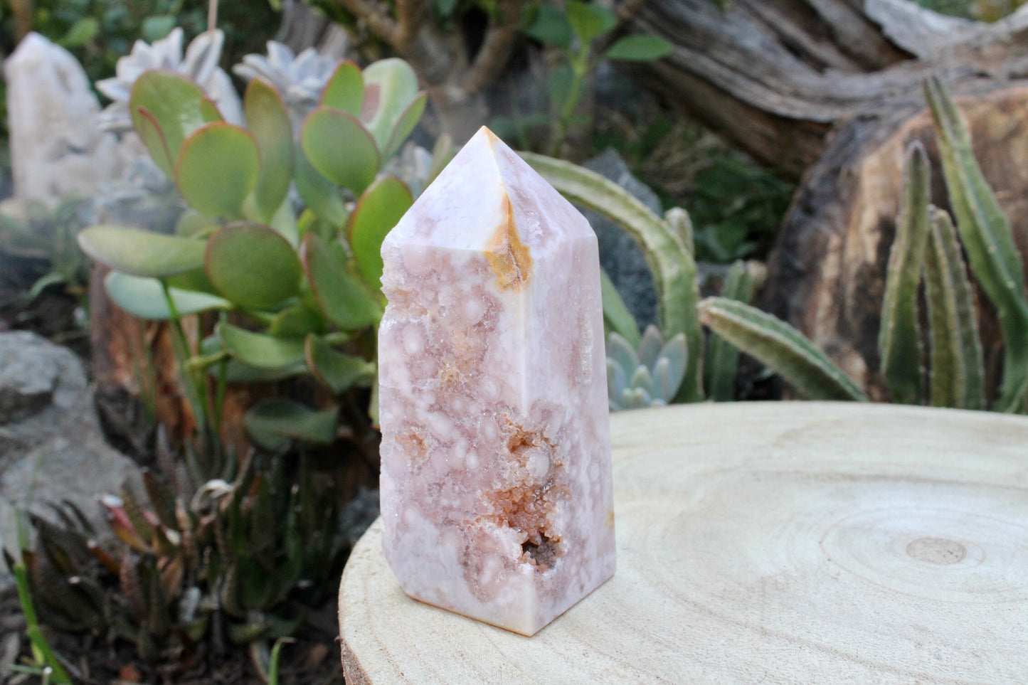 Purple flower agate crystal point