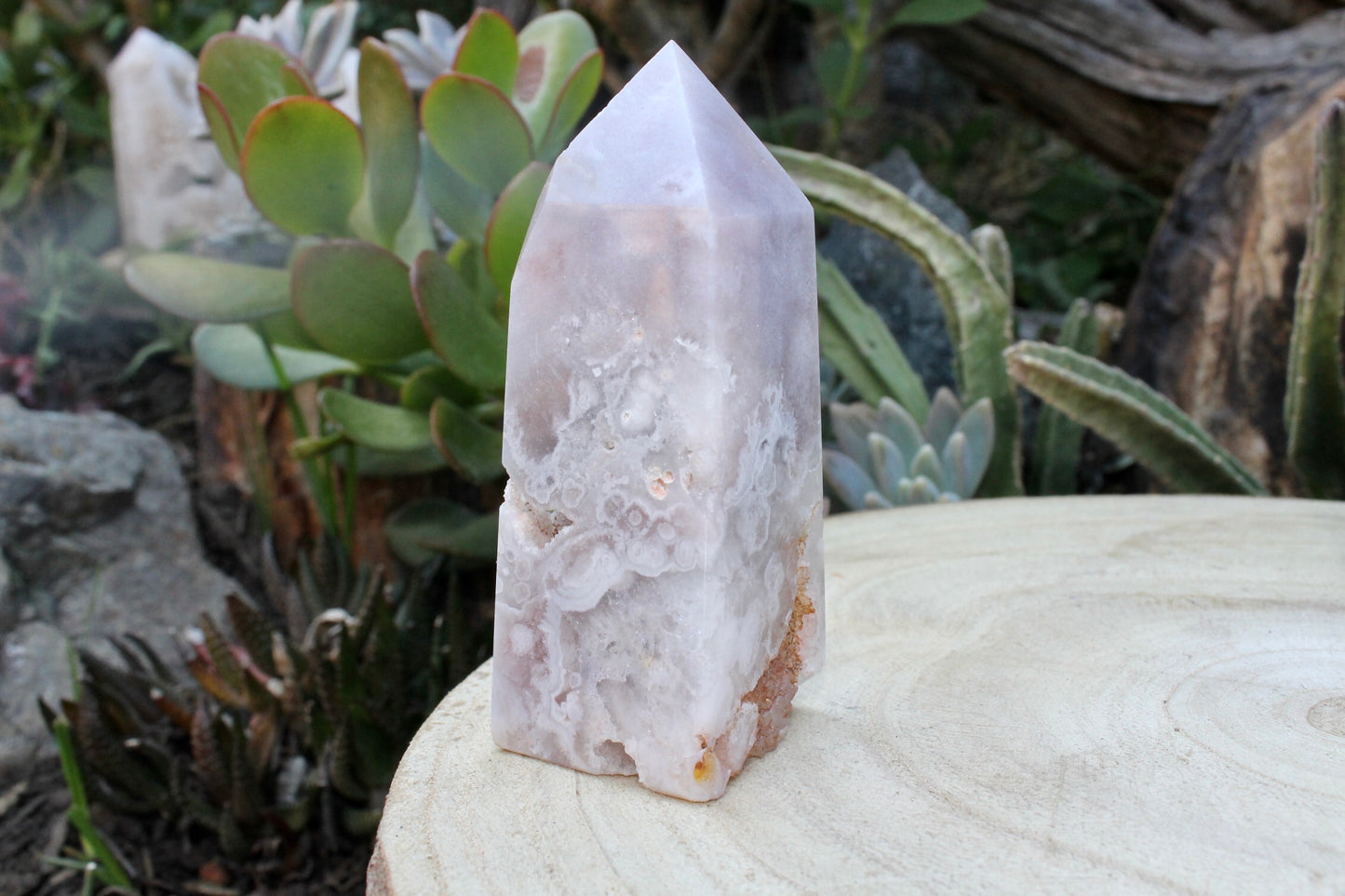 Purple flower agate crystal point