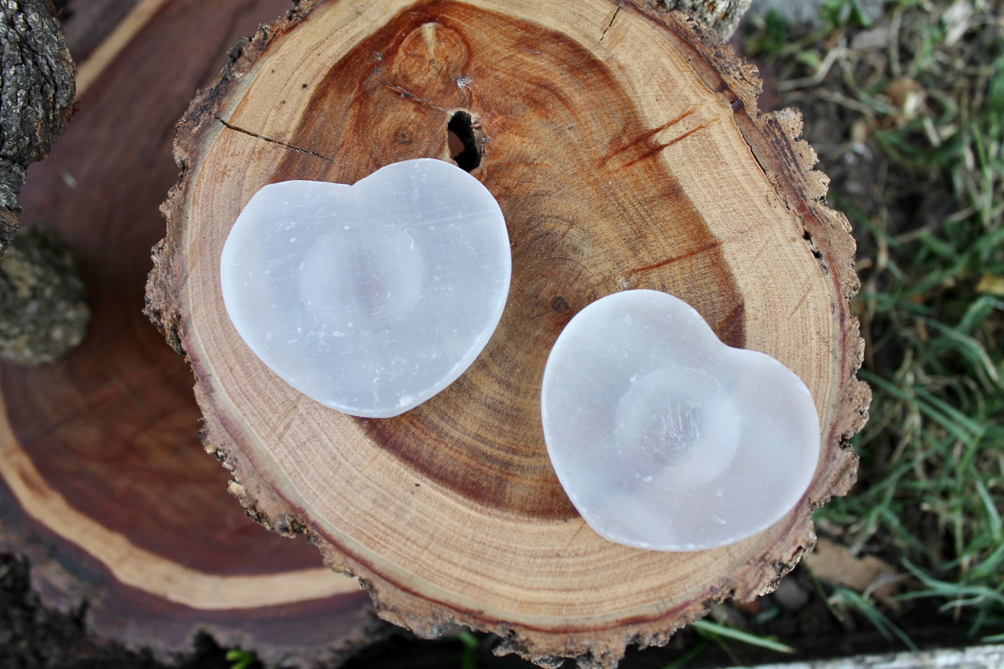 Selenite heart crystal sphere stands