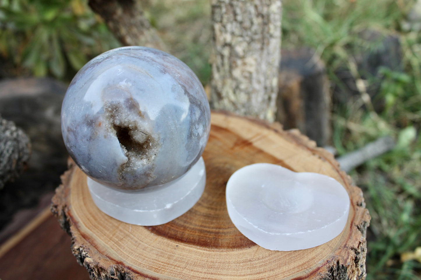 Selenite heart crystal sphere stands