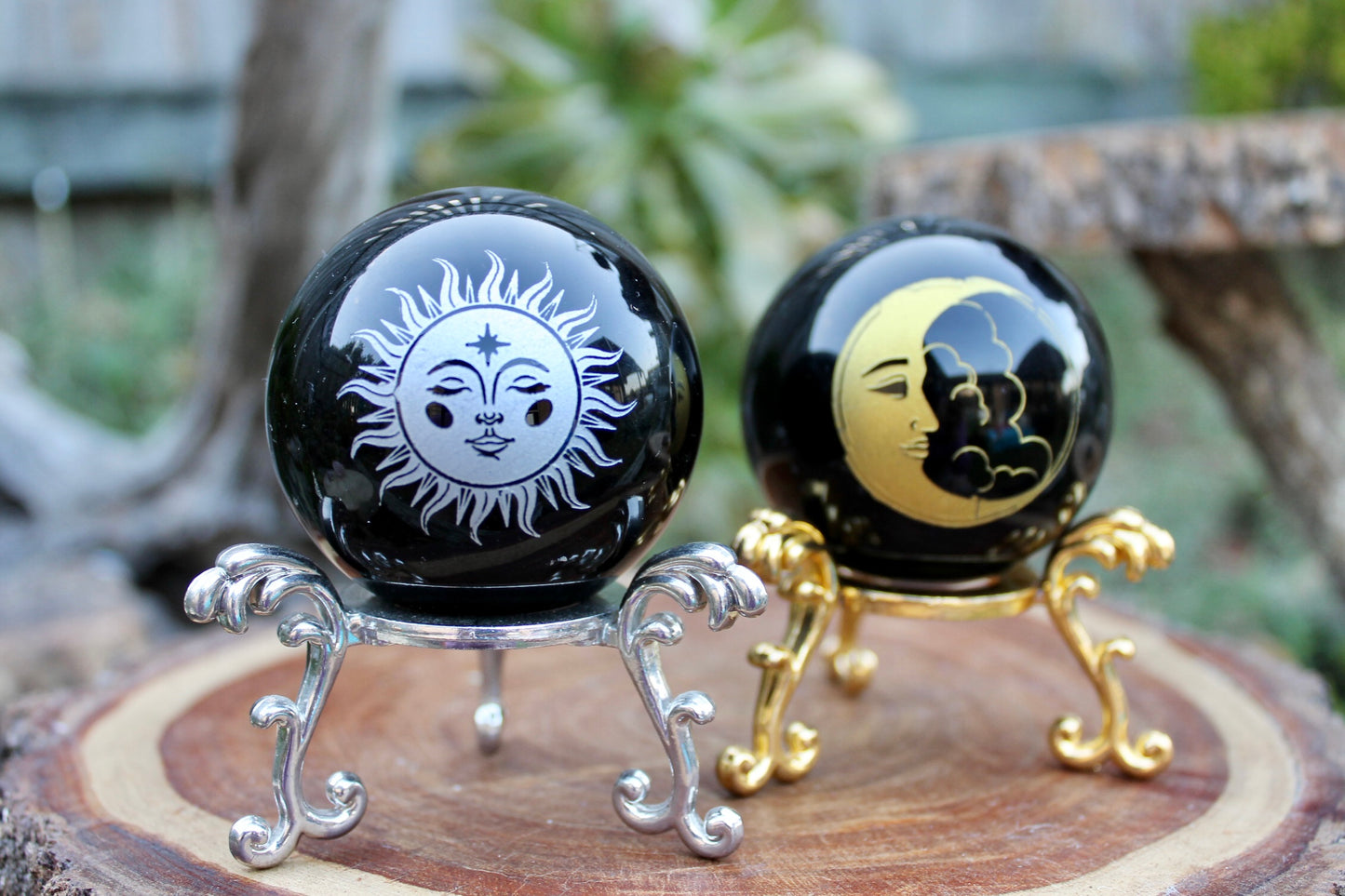 Obsidian crystal star and moon spheres